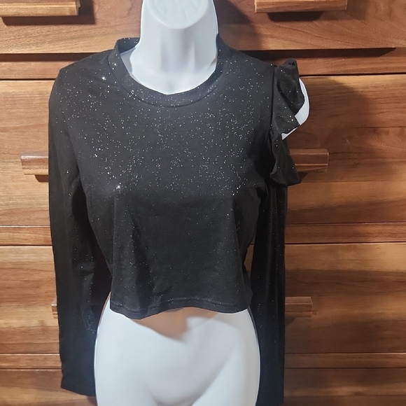 Elegant Black Glitter Ruffle Sleeve Women's Blouse - Picture 1 of 7
